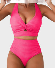 Women Textured Knot Front High Waisted Bikini Set