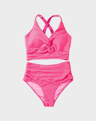 Women Textured Knot Front High Waisted Bikini Set