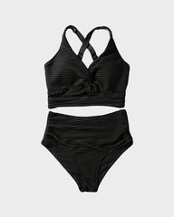 Women Textured Knot Front High Waisted Bikini Set