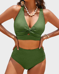 Women Textured Knot Front High Waisted Bikini Set