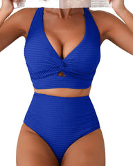 Women Textured Knot Front High Waisted Bikini Set