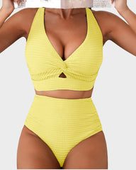 Women Textured Knot Front High Waisted Bikini Set