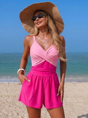 Women Swim Romper With Pocket Tummy Control One Piece Shorts Swimsuit
