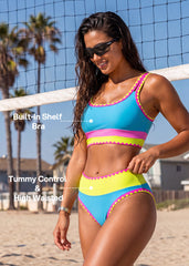 Women Color Contrast Patchwork Nylon Sporty 3 Piece Bikini Sets