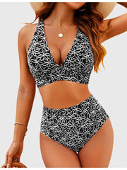 Women Embroidery Print High Waisted Bikini Sets V Neck Tummy Control Bathing Suit Two Piece Curvy Swimsuits