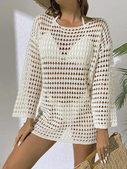 Women Crochet Knit Beach Cover Ups Dress Long Sleeve Hollow Out Sheer Swimsuit Coverups