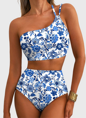 Women High Waisted Bikini Sets One Shoulder Floral Print Swimsuits 2 Piece Tummy Control Bathing Suits