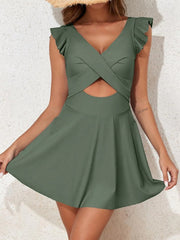 Women One Piece Swimsuit Ruffle Cutout Swimdress Tummy Control V Neck Wrap Swimwear
