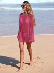 Women Beach Swimsuit Cover Up Sparkle Lightweight Sheer Sexy Crochet Mesh Long Sleeve One Piece Vacation Outfits