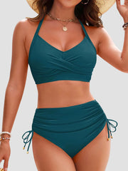 Women High Waisted Bikini Sets Drawstring Tummy Control Swimsuits Crisscross Tie Back Bathing Suit