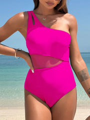 Women One Piece Swimsuits Tummy Control Mesh Patchwork Bathing Suit One Shoulder Adjustable Straps