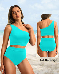 Women One Shoulder High Waisted Bikini Sets Two Piece Swimsuit Tummy Control-Pink