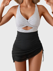 Women Mesh One Piece Swimdress Swimsuit Tummy Control V Neck Cutout Bathing Suit