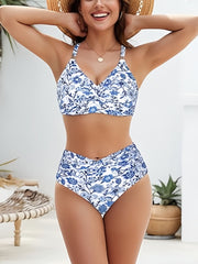 Women High Waisted Bikini Sets Matel Tummy Control Swimsuits V Neck Twist Front Bathing Suit