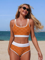 Women High Waisted Bikini Sets Hollow Out Color Block Two Piece Sporty Scoop Neck Adjustable Straps Swimsuit