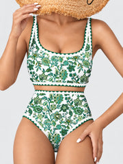 Women Bikini Sets Floral Print Whip Stitch 2 Piece Swimsuits High Waisted Scoop Bathing Suits