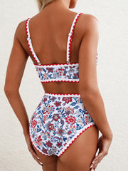 Women Bikini Sets Floral Print Whip Stitch 2 Piece Swimsuits High Waisted Scoop Bathing Suits