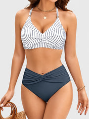 Women High Waisted Bikini Sets Matel Tummy Control Swimsuits V Neck Twist Front Bathing Suit
