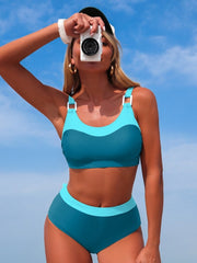 Women High Waisted Bikini Set Two Piece Bathing Suits Sporty Color Block Tie Back Swimsuit