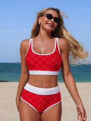 Women High Waisted Bikini Sets Hollow Out Color Block Two Piece Sporty Scoop Neck Adjustable Straps Swimsuit