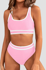 Women High Waisted Bikini Sets Sporty Two Piece Swimsuits Color Block Cheeky High Cut Bathing Suits