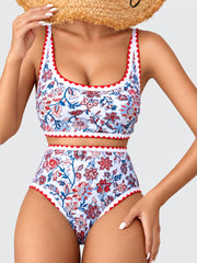Women Bikini Sets Floral Print Whip Stitch 2 Piece Swimsuits High Waisted Scoop Bathing Suits