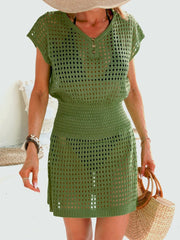 Women Bathing suit Swimwear Beach Crochet V Neck Button Cover Ups Dress