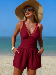 Women Swim Rompers with Built in Bra One Piece V Neck Tummy Control Bathing Suit