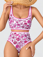 Women Bikini Sets Floral Print Whip Stitch 2 Piece Swimsuits High Waisted Scoop Bathing Suits