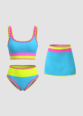 Women Color Contrast Patchwork Nylon Sporty 3 Piece Bikini Sets