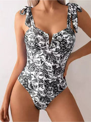 Women One Piece Swimsuits Tummy Control Bathing Suits V Neck Boho Tie Shoulder Ruched Full