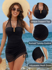 Women One Piece Swimsuit Tummy Control Swim Dress Slimming Mesh Sheer Halter Sarong Wraps Bathing Suit