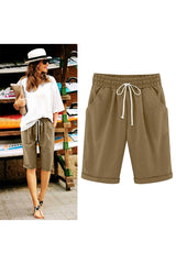 Women Elastic Waist Knee Length Casual Cotton Bermuda Shorts with Drawstring