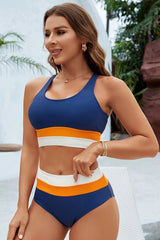 Women High Waisted Bikini Sets Two Piece Swimsuit Color Block Sporty Athletic Moderate Coverage Bathing Suits