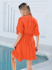 Women Dress Coverup Lace Crochet V Neck Cover Up Short Sleeve Beach Dress for Swimwear