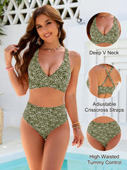 Women Embroidery Print High Waisted Bikini Sets V Neck Tummy Control Bathing Suit Two Piece Curvy Swimsuits