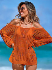 Women Crochet Swimsuit Cover Up 2026 Long Sleeve Mesh Hollow Out Side Slit Resort Wear