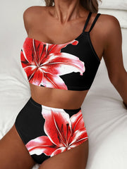 Women High Waisted Bikini Sets One Shoulder Floral Print Swimsuits 2 Piece Tummy Control Bathing Suits