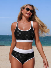 Women High Waisted Bikini Sets Hollow Out Color Block Two Piece Sporty Scoop Neck Adjustable Straps Swimsuit