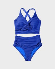 Women Textured Knot Front High Waisted Bikini Set