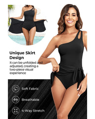 Women One Shoulder One Piece Swim Dress Tummy Control Swimsuit with Skirt