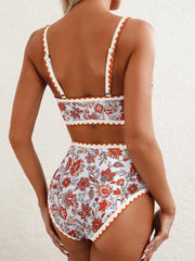 Women Bikini Sets Floral Print Whip Stitch 2 Piece Swimsuits High Waisted Scoop Bathing Suits