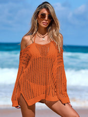 Women Crochet Swimsuit Cover Up 2026 Long Sleeve Mesh Hollow Out Side Slit Resort Wear
