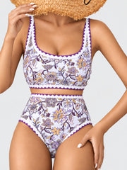 Women Bikini Sets Floral Print Whip Stitch 2 Piece Swimsuits High Waisted Scoop Bathing Suits