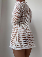 Women Crochet Knit Beach Cover Ups Dress Long Sleeve Hollow Out Sheer Swimsuit Coverups