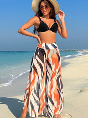 Women 3 Piece Bikini Cover Up Pants Beach Swimsuit Sheer High Waisted Split Loose Wide Leg Trousers