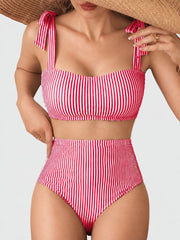 Women Tie Shoulder Bikini Sets 2 Piece Striped Swimsuits High Waisted Bathing Suits