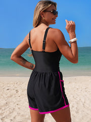 Women Colorblock Sporty Tummy Control One Piece Bathing Suit with Shorts Pockets