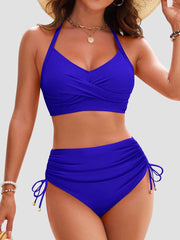 Women High Waisted Bikini Sets Drawstring Tummy Control Swimsuits Crisscross Tie Back Bathing Suit