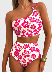 Women High Waisted Bikini Sets One Shoulder Floral Print Swimsuits 2 Piece Tummy Control Bathing Suits